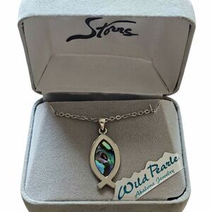 Wild Pearle Abalone Fish Pendant Necklace Ichthys Symbol Silver Tone in Stovrs